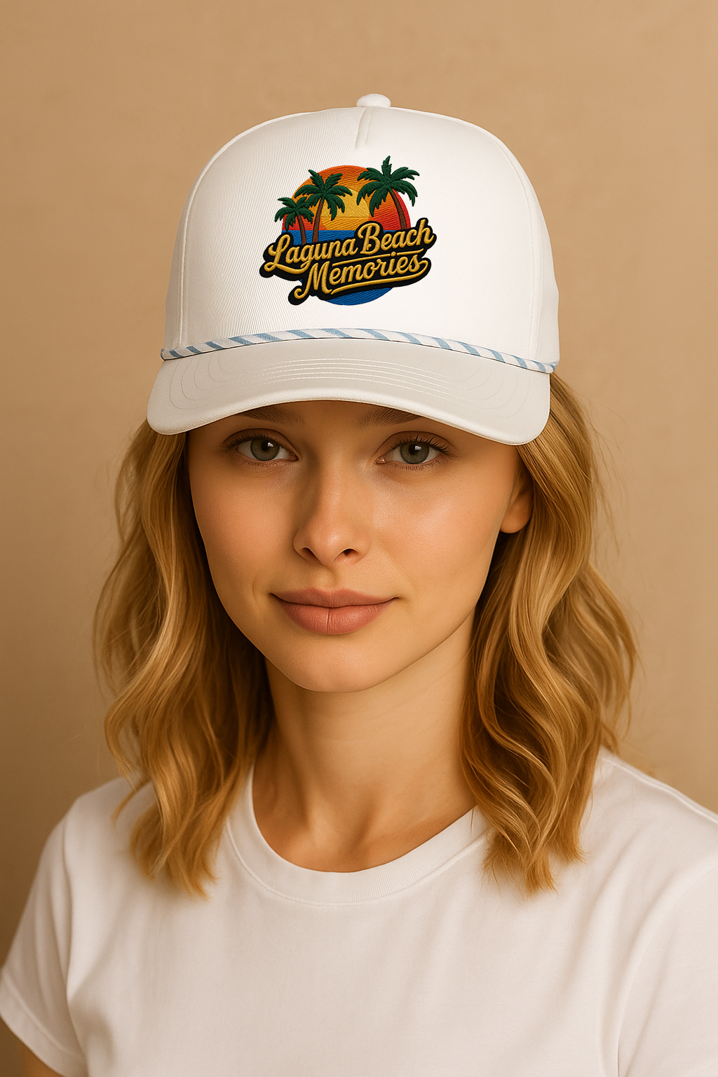 Laguna Beach Memories Retro Trucker Cap – White Rope Hat with Embroidered Sunset Design | Hiqualart